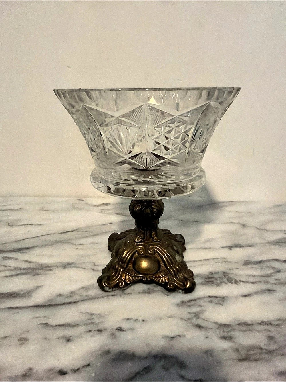Antique 89Cut Crystal Pedestal Bowl in Clear & Brown
